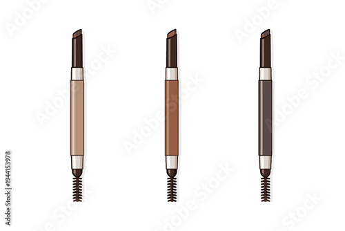 Three eyebrow pencils in different shades with spoolie brushes on white background