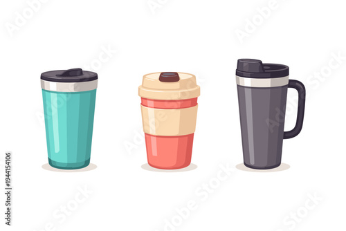 Collection of three reusable travel mugs with lids and different designs