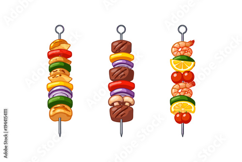 Three different types of delicious food skewers on metal rods, isolated on white background