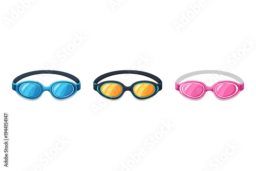 Three colorful swimming goggles for water sports and aquatic activities