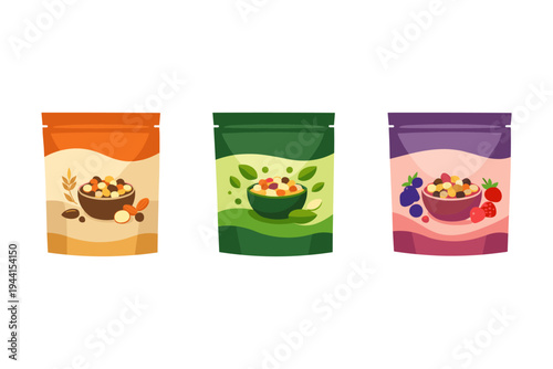 Three different snack pouches with nuts, berries, and grains displayed on white background