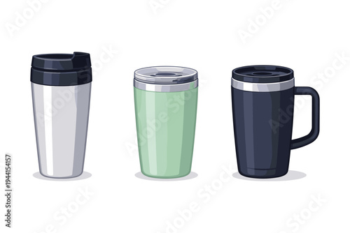 Three insulated travel mugs and tumblers in different colors and styles
