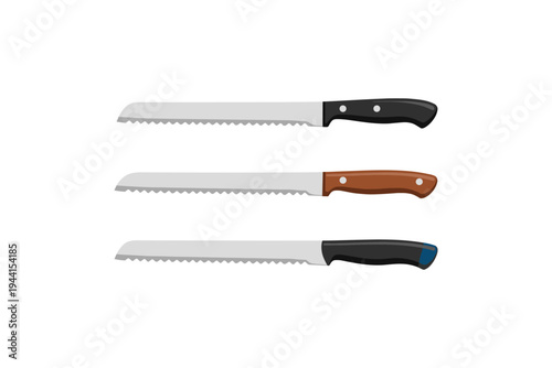 Three serrated bread knives with different handles displayed horizontally on a white background