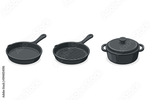 Collection of cast iron cookware including a frying pan, grill pan, and pot