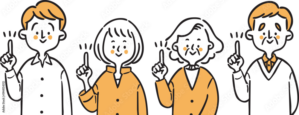 Naklejka premium 指差しをする家族二世帯 上半身 ベクター（オレンジ）