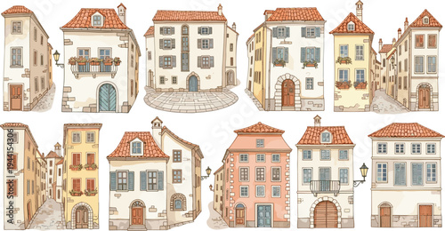 European Old Town Houses and Mediterranean Street Architecture Illustration Set with Vintage Buildings Balconies Windows and Cozy Historic City Vector Collection
