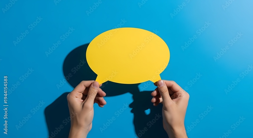 Obraz premium Human hands gracefully presenting a bright yellow blank speech bubble, set against a striking blue background, perfect for conveying messages, opinions, and interactive dialogue