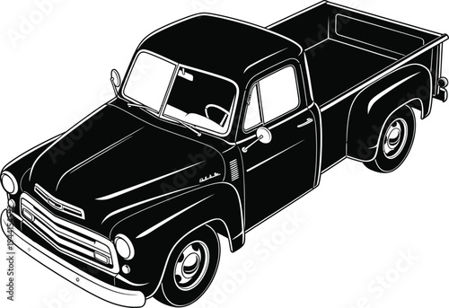 Classic Black Pickup Truck Illustration with Detailed Body and Wheels.