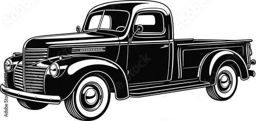 Classic Black Pickup Truck Illustration with White Tires and Detailed Design.
