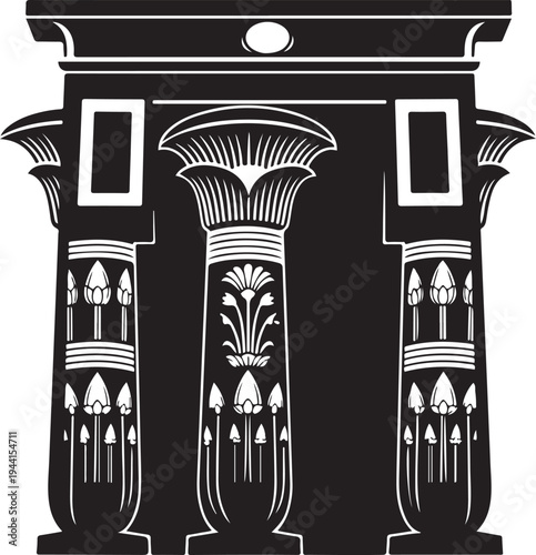 Black and white of ancient Egyptian papyrus columns with lotus flower motifs