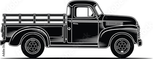 Classic Black Pickup Truck Side View Illustration with Detailed Features.