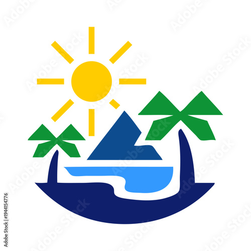Logo agencia de viajes. Vacaciones de verano. Dibujo sencillo geométrico con un paisaje con la palma, una isla con montaña, sol y mar