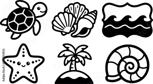 Cute black and white sea turtle starfish palm tree shell wave icons in simple line art style for beach theme
