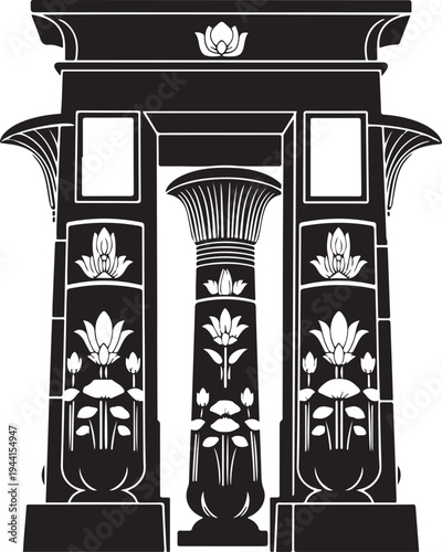 Black and white silhouette of an ancient Egyptian temple entrance with lotus motifs gateway
