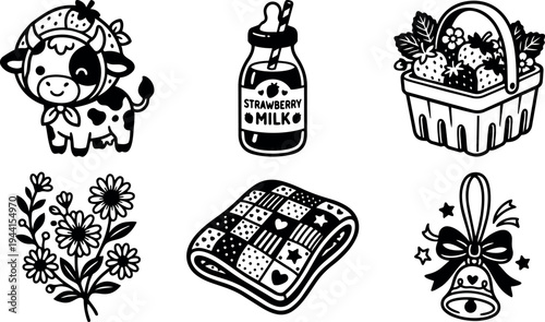 Cute kawaii cow wearing strawberry hat next to bottle of strawberry milk basket of strawberries floral bouquet patchwork quilt and decorative bell vector art