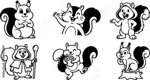 Cute cartoon squirrels in various playful poses holding acorns waving wearing hooded cloak standing on tree stump black and white vector art