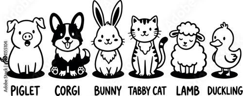 Cartoon style black and white piglet corgi bunny tabby cat lamb and duckling sitting in a row vector illustration