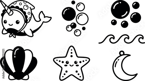 Cute smiling narwhal with hat and scarf surrounded by bubbles starfish shell and wave icons black line art vector