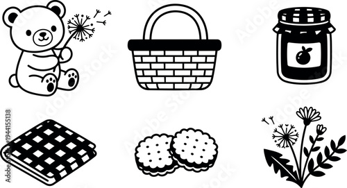 Black and white line art teddy bear holding dandelion with picnic basket jam jar blanket and wildflowers icons set