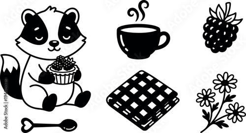 Cute smiling panda holding cupcake with berries next to steaming coffee cup spoon napkin and floral design vector illustration