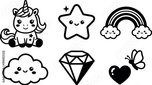 Cute toddler style unicorn sitting with smiling star rainbow cloud diamond cartoon collection
