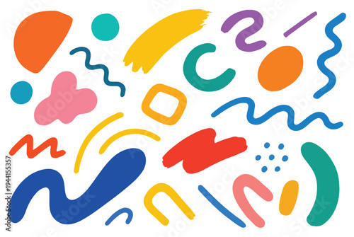 Vibrant abstract art with colorful shapes and squiggles on white background