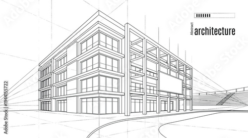 Professional architectural wireframe of a commercial frame building with skeletal structural supports and wide-angle perspective grid lines
