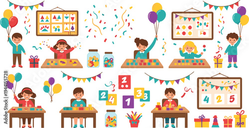 Kids Classroom Activities and Preschool Learning Illustration Set with Children Playing Educational Games Balloons Gifts Confetti and Kindergarten Celebration Vector Collection