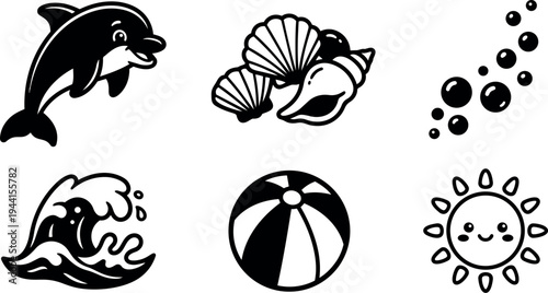 Black and white vector art cute dolphin shells bubbles wave beach ball and smiling sun icons set