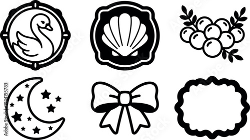 Black and white vector icons set featuring swan in circle shell with waves berry branch crescent moon with stars ribbon bow and decorative frame