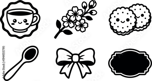 Black and white kawaii style cute cup flower cookies spoon bow and label icons collection