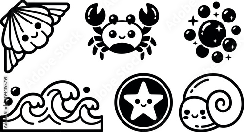 Cute kawaii style smiling sea animal icons with crab shell starfish bubbles and ocean waves in black and white vector art