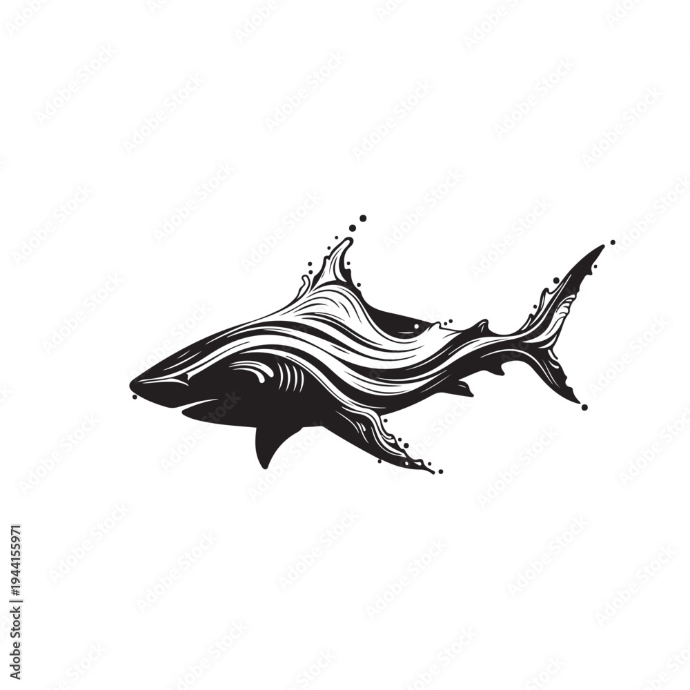 Fototapeta premium Minimalist Square Composition Tribal Wave Shark Vector - Japanese Ukiyo-e Style Ocean Predator Art for Tattoo, Logo, T-Shirt, Poster and Wall Decor