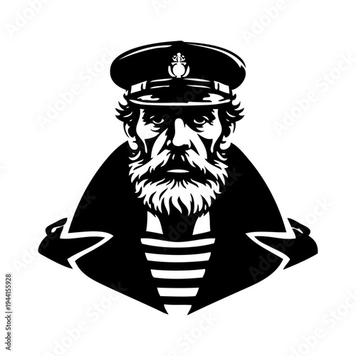 Hombre maduro con gorra de capitán. Dibujo de viejo marinero con barba larga 