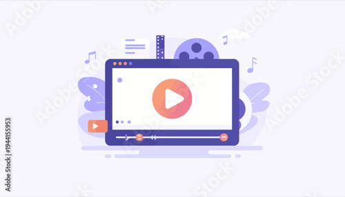 Modern flat design illustration of a digital media player interface displayed on a computer screen, symbolizing online video streaming, multimedia content, and web entertainment platforms