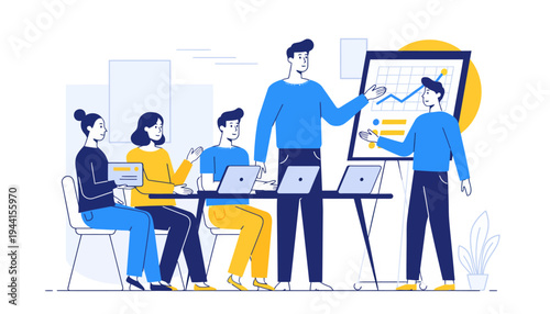 Business team collaborates during a presentation with laptops and charts in a modern office setting