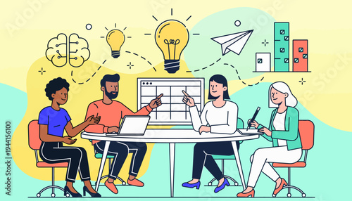 Creative business team collaborating on a new project at a modern office table, brainstorming ideas with lightbulbs, brain icons, and paper airplanes