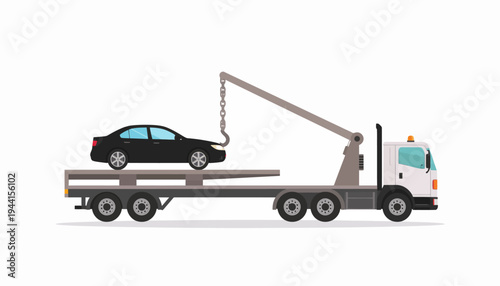 Flat vector illustration of a modern tow truck transporting a black car, symbolizing the concept of essential roadside assistance, vehicle recovery, and breakdown service
