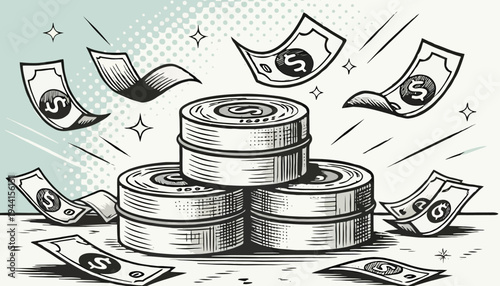 Stylized illustration of coin stacks and flying dollar bills, representing financial success, wealth accumulation, earnings, and prosperity in business or personal finance