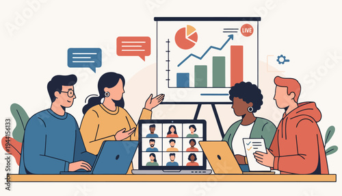 Diverse business team collaborating in a modern office, analyzing data on a presentation board and engaging in a hybrid video conference for project success and strategic growth