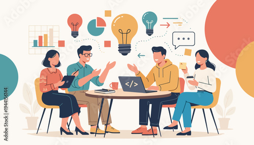 Diverse business team collaboratively brainstorming and developing innovative digital solutions, fostering creativity and strategic growth in a modern work environment