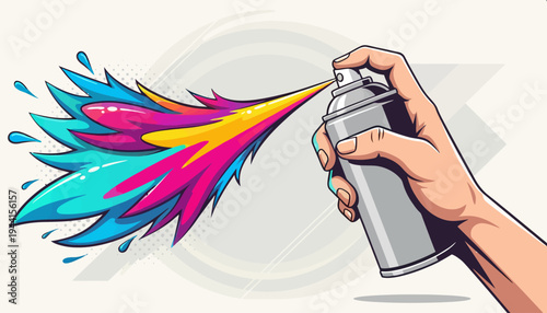 Spray can releasing a vibrant explosion of colorful paint splashes, representing creativity and artistic expression