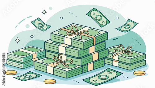 A vibrant illustration depicting large stacks of green banknotes, bundles of paper money, and scattered coins, symbolizing financial growth, wealth, and prosperity, with a sense of abundance