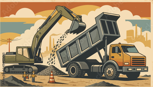 Retro-style illustration of an excavator loading gravel into a dump truck at an active construction site, symbolizing industrial development and infrastructure building under a classic sky