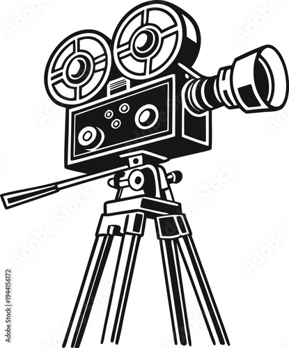 Retro Film Camera on Tripod 1920s Vintage Cinema Equipment Illustration, Antique Movie Camera Engraving Style Line Art Isolated on White