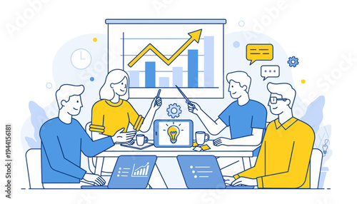 Business meeting with presentation showing growth and collaboration among diverse team members in a modern office setting