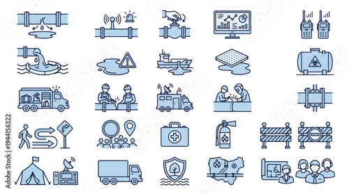 Industrial Oil Spill and Pipeline Leak Emergency Response Icon Set, Environmental Pollution Protection, Disaster Management Symbols, Hazardous Material Safety, Maintenance Repair Engineering Icons