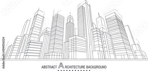Professional architectural wireframe of a dense city skyline panorama with diverse skyscrapers and wide-angle perspective grid