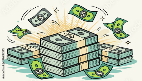 Vibrant illustration depicting a towering stack of cash bundles with individual banknotes flying around, symbolizing financial success, wealth accumulation, and economic prosperity