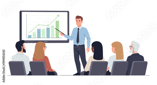 Businessman presenting graph to audience.